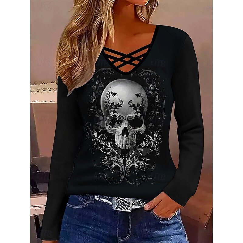 Halloween Women's T Shirt Skulls Graphic Vintage Stylish Classic Long Sleeve V Neck Regular Tops Daily Tassel Tie Print Black Fall Winter