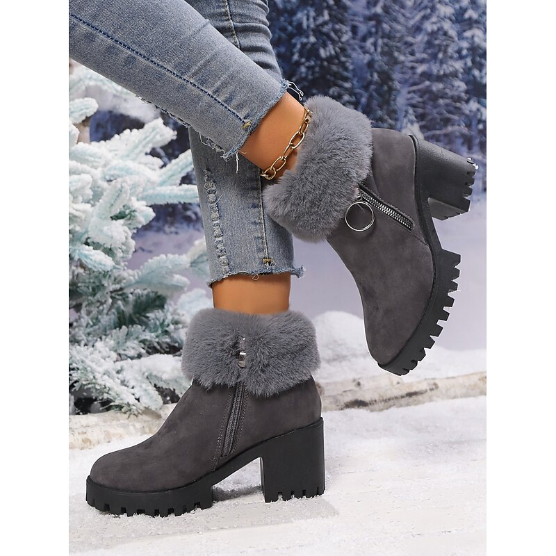 Women's Grey Fur Lined Suede Ankle Boots – Warm Chunky Heel Lug Sole Winter Booties with Side Zipper for Cold Weather4