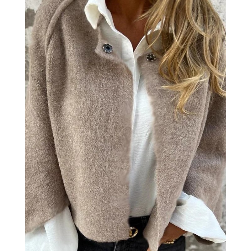 Women's Winter Coat Fleece Jacket Warm Comfortable Buttons Fashion Plain Outdoor Street Open Front Regular Crewneck Regular Fit Long Sleeve Outerwear Black Wine Red Fall Winter3