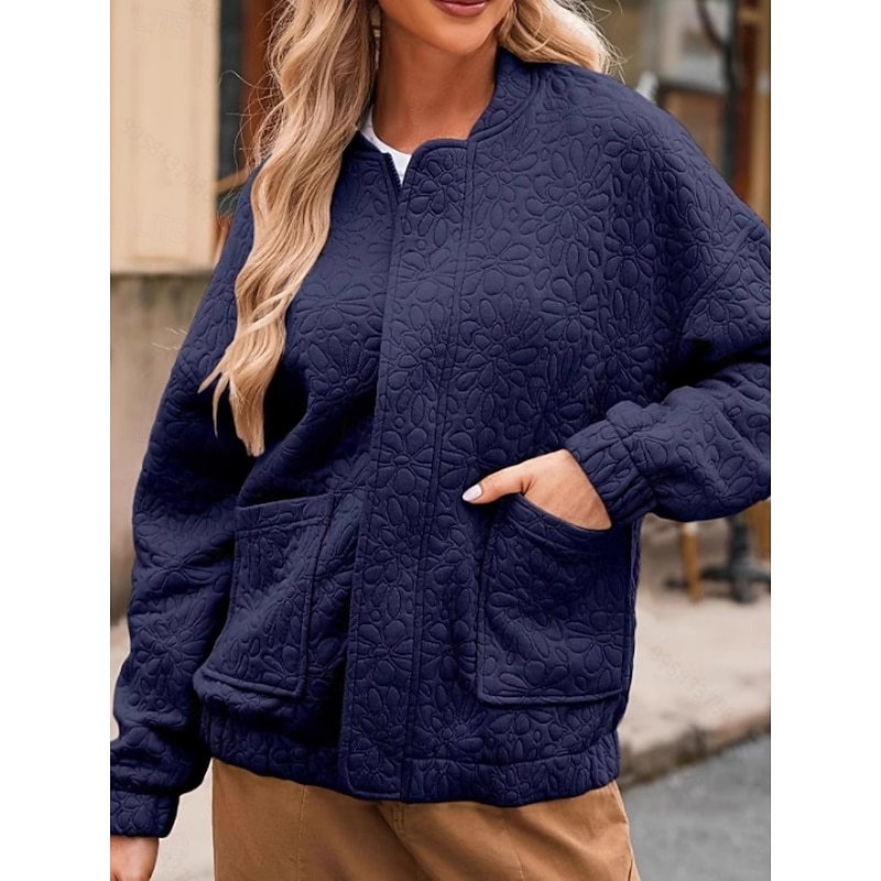 Women's Casual Jacket Comfortable Breathable Pocket Buttons Casual Plain Vacation Street Casual Daily Wear Single Breasted Regular Stand Collar Regular Fit Long Sleeve Outerwear Navy White Wine2