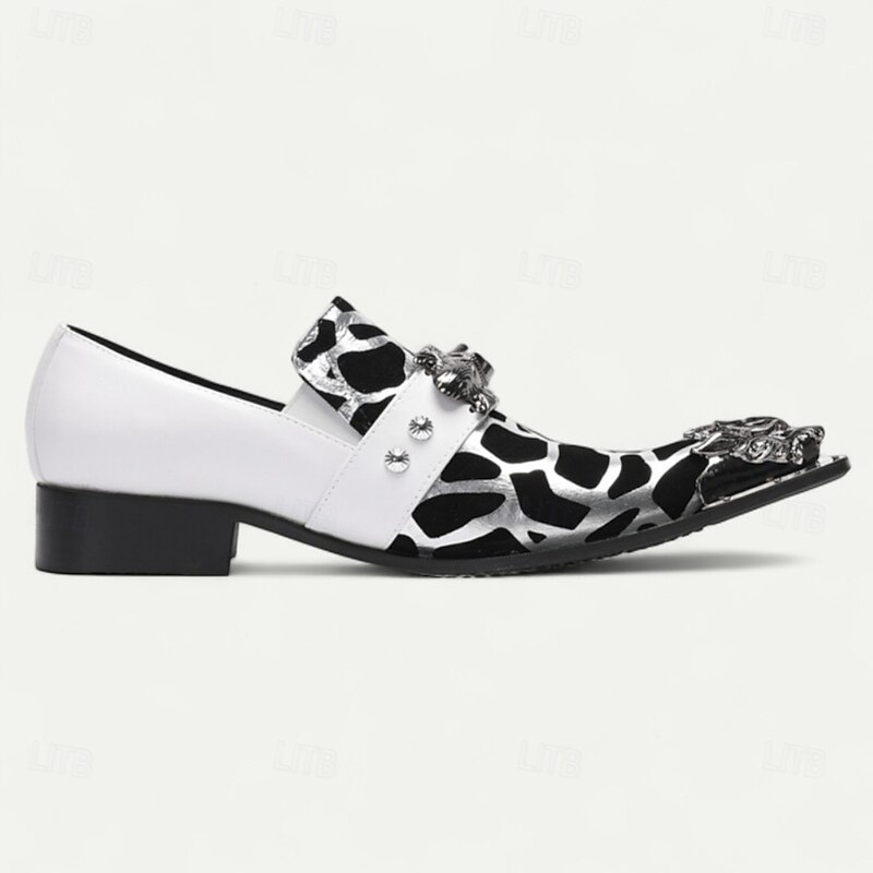 Men's Black and White Cow Print Slip-On Dress Shoes – Statement Western Loafers with Jewel Buckle for Concerts, Parties and Costumes4
