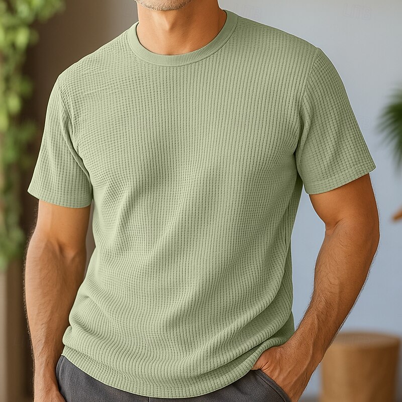 Men's Waffle T-shirt Tee Top Short Sleeve Crew Neck Summer Spring Solid Color Textured Fashion Designer Casual Pocket Knitted Outdoor Casual Daily Blue Light Green Navy Blue Top Tee for Men