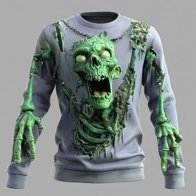 Halloween Men's 3D Zombies Sweatshirt Punk Party Crew Neck Vacation Dark Green Purple Crewneck 3D All Seasons Designer3