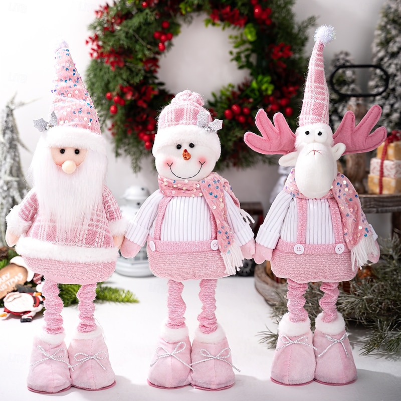 Christmas Plush Decoration Pink Sequin Stretchable Plush Doll Santa Claus Snowman Reindeer Figure Christmas Holiday Ornament Festive Window Display Decoration Home Decor Party Accessory Gift