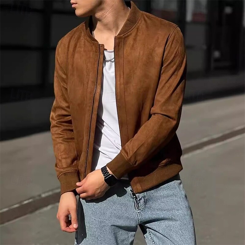 Men's Faux Suede Jacket Casual Jacket Vacation Daily Warm Pocket Fall Winter Plain Fashion Classic Stand Collar Regular Brown Green Jacket4