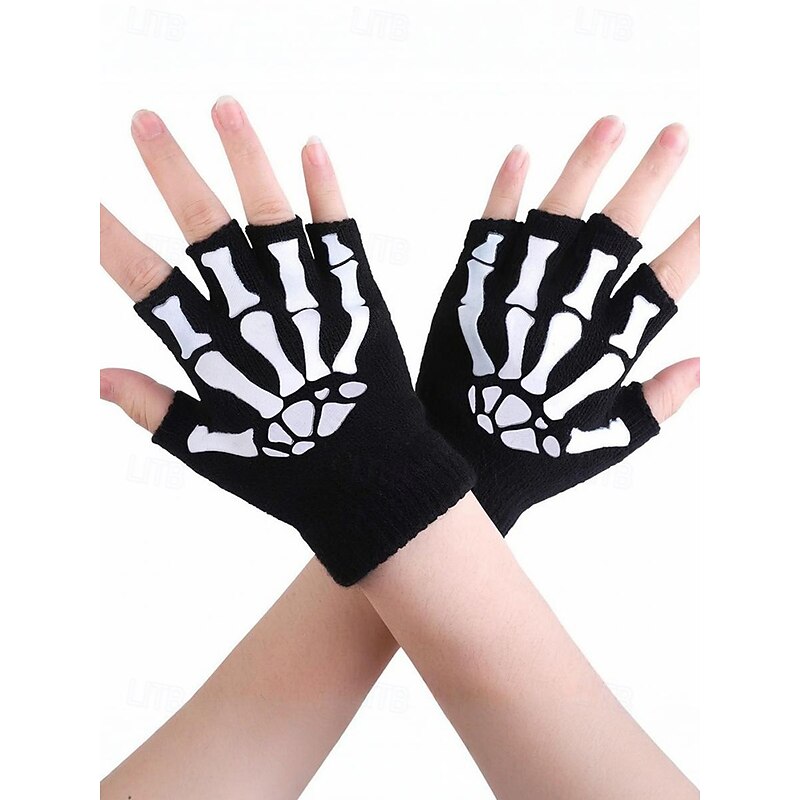 Men's Halloween Skull Fingerless Knit Gloves - Stretch Acrylic Half Finger Warm Gloves with Ribbed Cuffs, Gothic Punk Style - Perfect for Costume Parties, Cosplay, Trick or Treating and Fall Festivals4