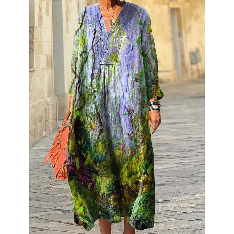 Women's Midi Dress Sundress A Line Dress Vacation Casual Boho Going out Beach Loose Fit Graphic Geometric Long Sleeve V Neck Purple Orange Green Spring Fall Winter Autumn2