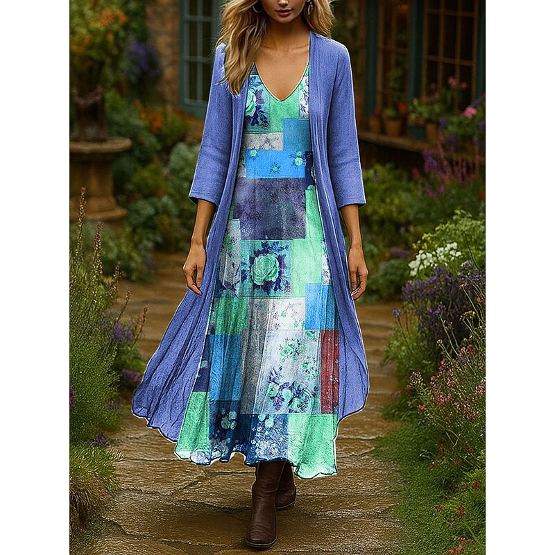 Women's Dress Set Maxi Dress A Line Dress Vacation Boho Floral Graphic Layered Print Maxi Dress 3/4 Length Sleeve V Neck Outdoor Daily Pink Blue Green Spring Fall Regular Fit3
