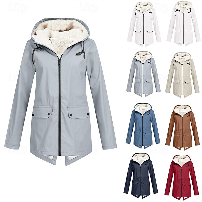 Women's Trench Coat Waterproof Rain Jackets Rain Coats Waterproof Windproof Zipper Pocket Fashion Outdoor Plain Going out Weekend Zipper Regular Hooded Regular Fit Long Sleeve Outerwear White Red