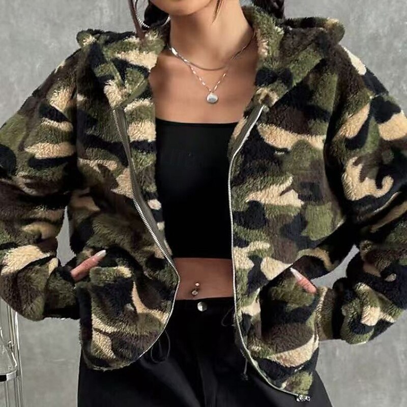 Women's Double Fuzzy Jacket Thick Warm Zip Up Long Sleeve Sports Camo / Camouflage Top For Outdoor Travel Vacation Activewear3