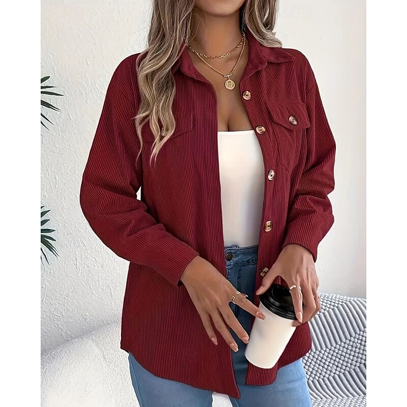 Women's Shirt Texture Blouse Blouse Plain Modern Casual Long Sleeve Shirt Collar Regular Tops Daily Going out Pocket Buttons Black Wine Khaki Fall3