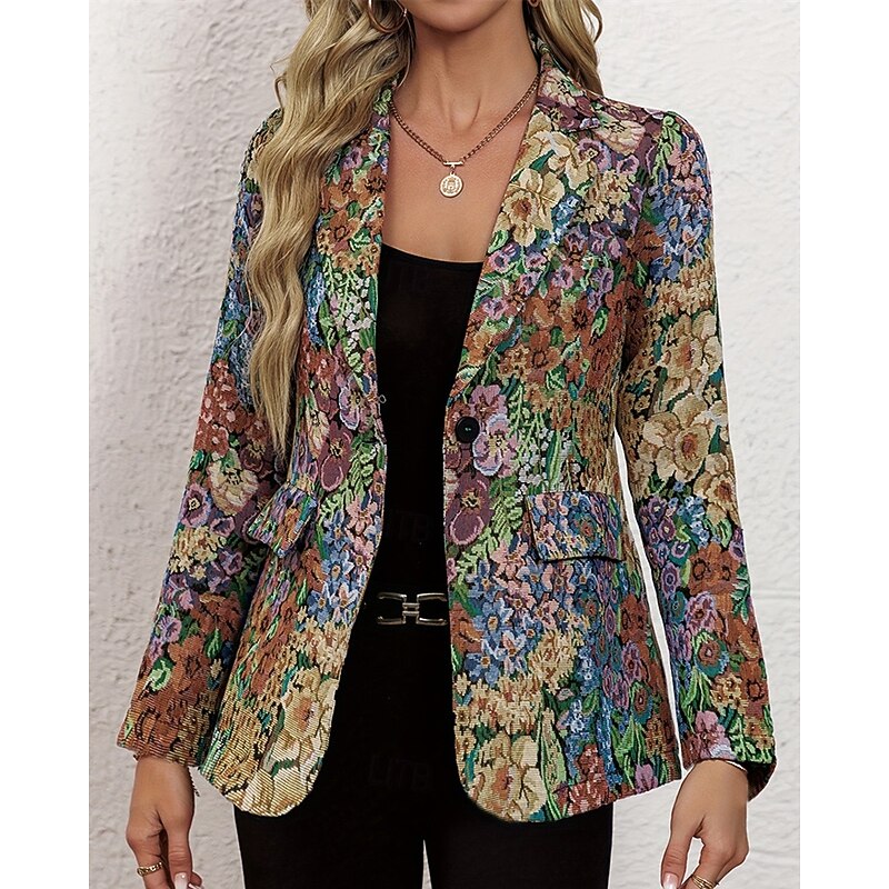 Women's Blazer Comfortable Pocket Print Elegant Fashion Outdoor Flower Going out Casual Daily Weekend Cardigan Regular Lapel Regular Fit Long Sleeve Outerwear Yellow Spring Fall3