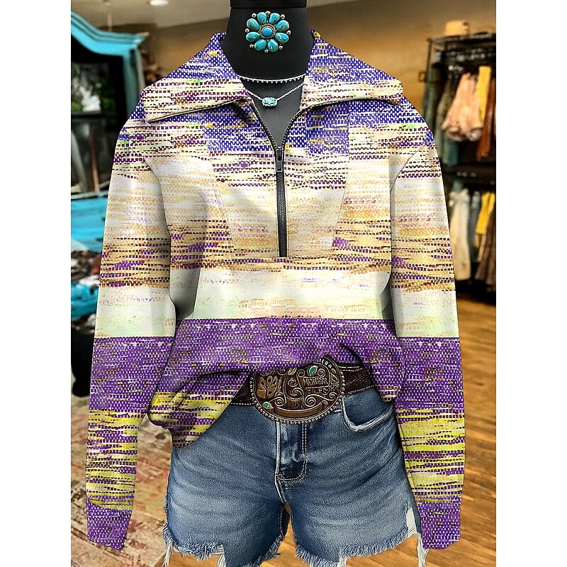 Women's Sweatshirts Geometric Striped Casual Long Sleeve V Neck Regular Tops Street Dailywear Casual Yellow Pink Blue Purple Fall2