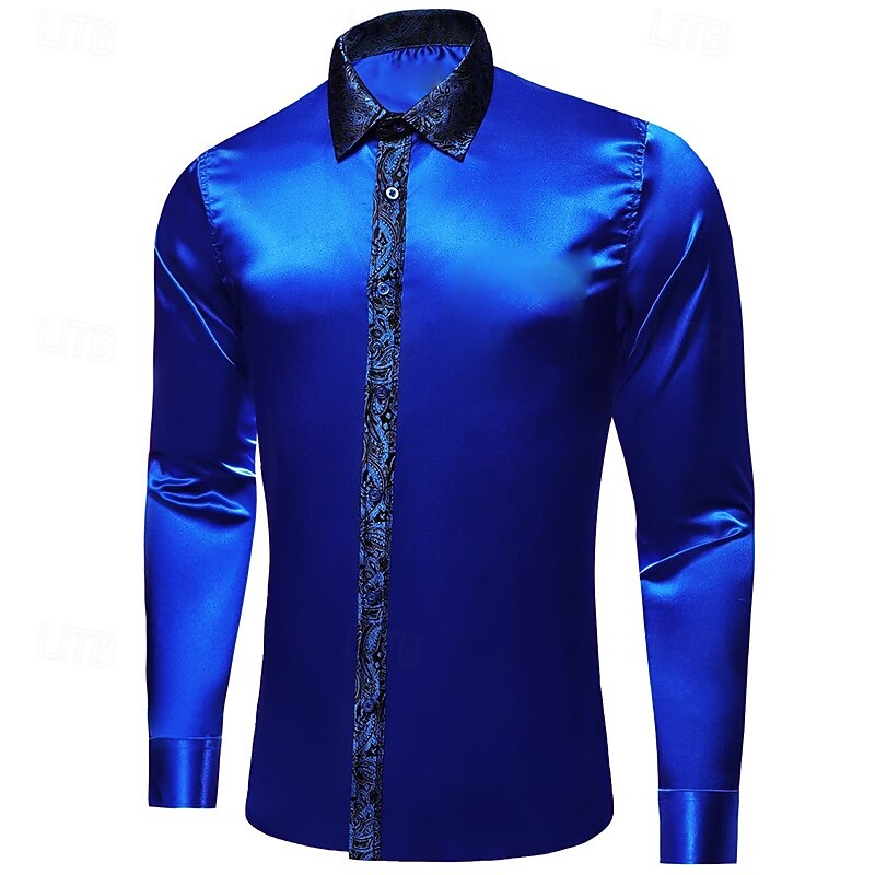 Men's Shirt Silk Like Satin Shirt Casual Shirt Button Up Shirt Prom Shirt Plain Formal Wedding Blue Long Sleeve Lapel Spring &  Fall All Seasons Clothing Apparel Patchwork