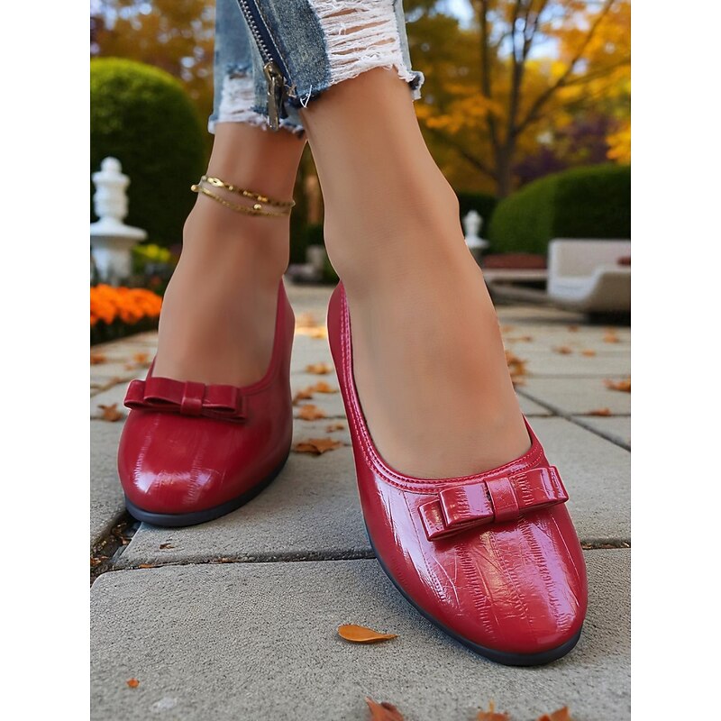 Women's Red Patent Faux Leather Ballet Flats with Bow Detail, Round Toe Slip-On Style, Comfortable Daily Shoes for Fall Casual Outfits and Office Wear - Main Image