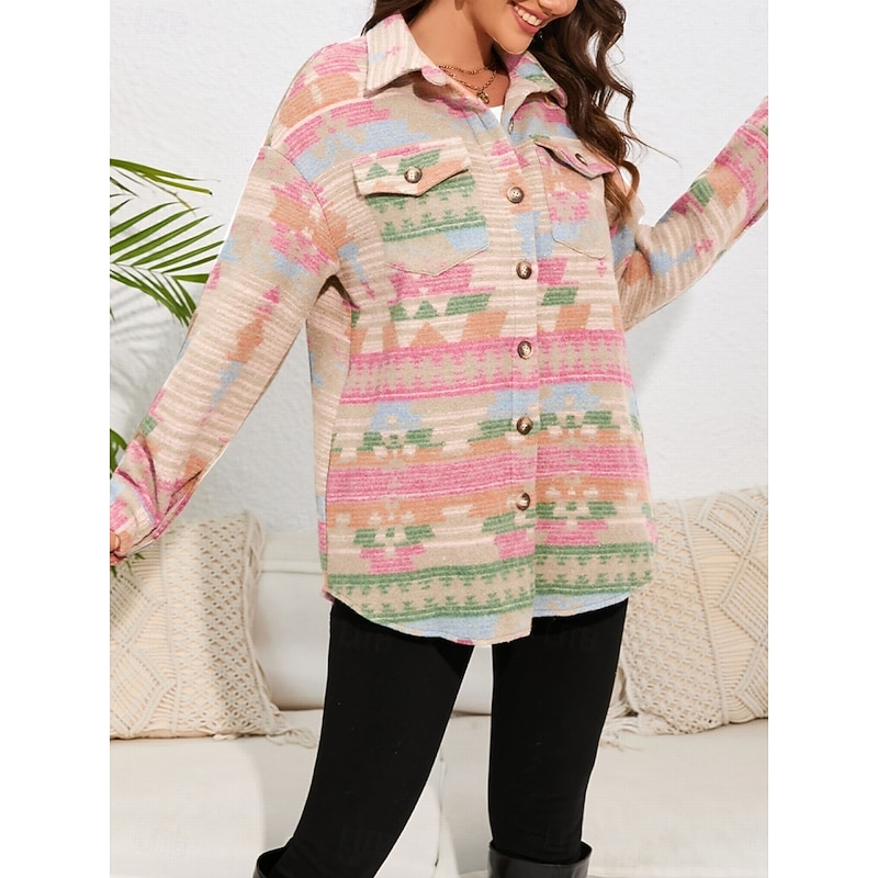 Women's Casual Jacket Comfortable Breathable Pocket Buttons Print Fashion Casual Geometric Vacation Street Casual Daily Wear Single Breasted Regular Turndown Regular Fit Long Sleeve Outerwear Pink2