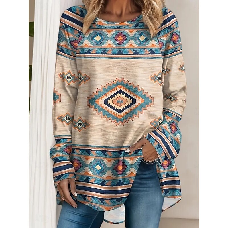 Women's T Shirt Graphic Tribal Vintage Stylish Classic Long Sleeve Crew Neck Round Neck Long Tops Daily Print Red Blue Khaki Spring Fall
