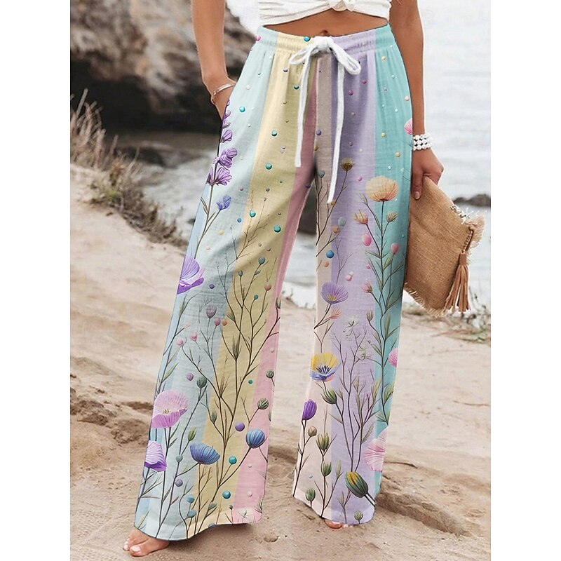 Women's Wide Leg Pants Trousers Vacation Casual Long High Waist Floral Elastic Waist Printing High Cut Breathability Soft Micro-elastic Vacation Street Daily Wear White Blue Purple Spring Fall2