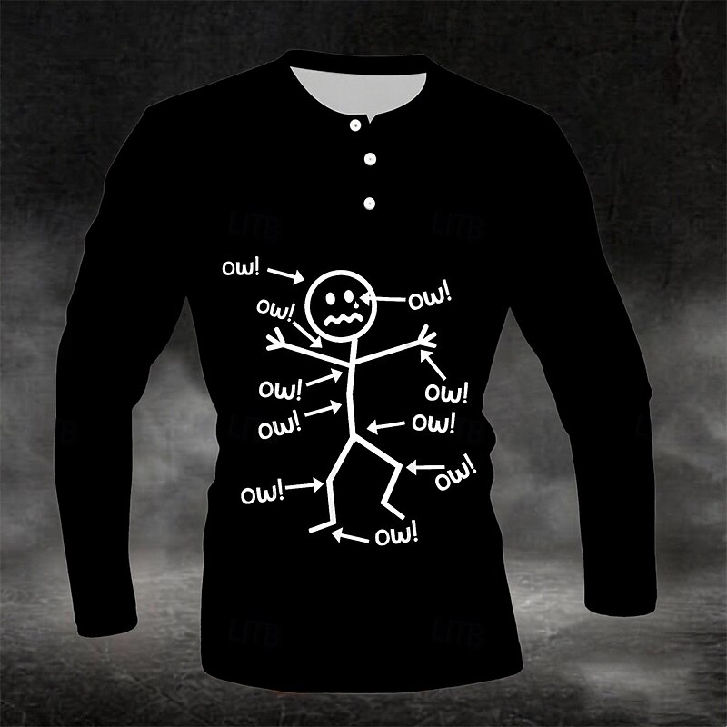 Men's Long Sleeve Henley Shirt Funny Ow! Stick Figure Graphic Tee - Aches & Pains Lifestyle Humor4