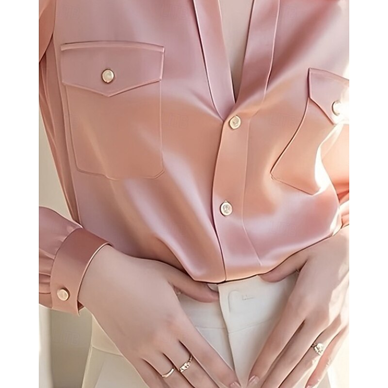 Women's Shirt Blouse Plain Active Stylish Long Sleeve Shirt Collar Regular Tops Work Formal Wear Pocket Buttons Pink Fall3