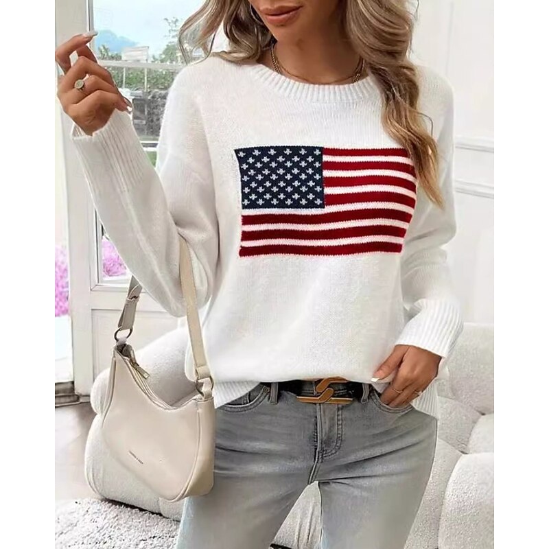 Women's Sweater Pullover Casual Star Striped Ribbed Crew Neck Knitted Print Long Sleeve Regular Tops Knit Outdoor Holiday Weekend White Gray Winter3