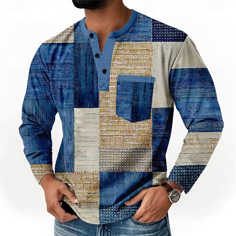 Men's Patchwork Henley Shirt T shirt Tee Long Sleeve Retro Vintage Casual Casual Spring Fall Dark Brown Blue Green Henley Henley T-Shirt