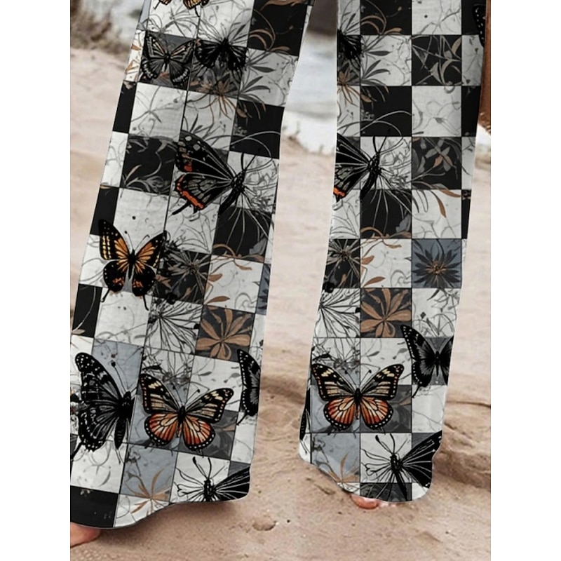 Women's Wide Leg Pants Trousers Vacation Casual Long High Waist Plaid Butterfly Elastic Waist Printing High Cut Breathability Soft Micro-elastic Vacation Street Daily Wear Black Spring Fall Regular3