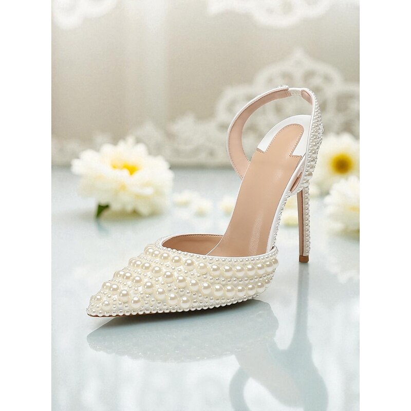 Women's White Pearl-Embellished Leather Slingback Heels - Pointed Toe, Stiletto High Heels, Wedding-Ready, Bridal Shoes4