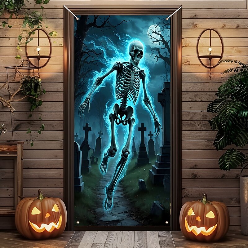 Halloween Door Cover Outdoor Banners Skeleton Cemetery Psychedelic Dark Punk Gothic Style Party Outdoor Shooting Backgrounds Front Door Wall Porch Home Decor2