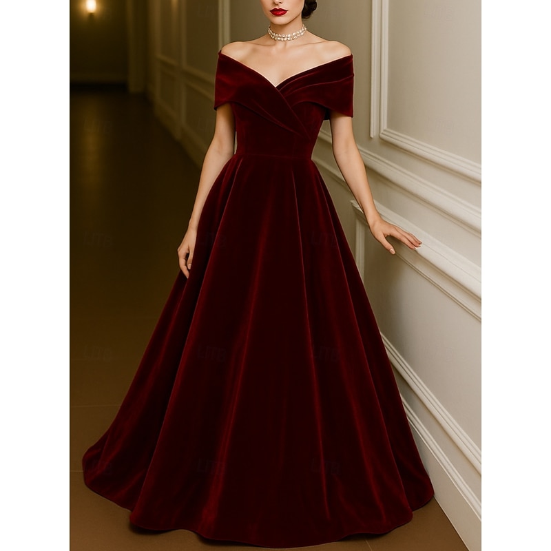 Red Black A-Line Evening Gown Elegant Dress Formal Wedding Floor Length Short Sleeve Off Shoulder Pocket Velvet with Pleats 20253