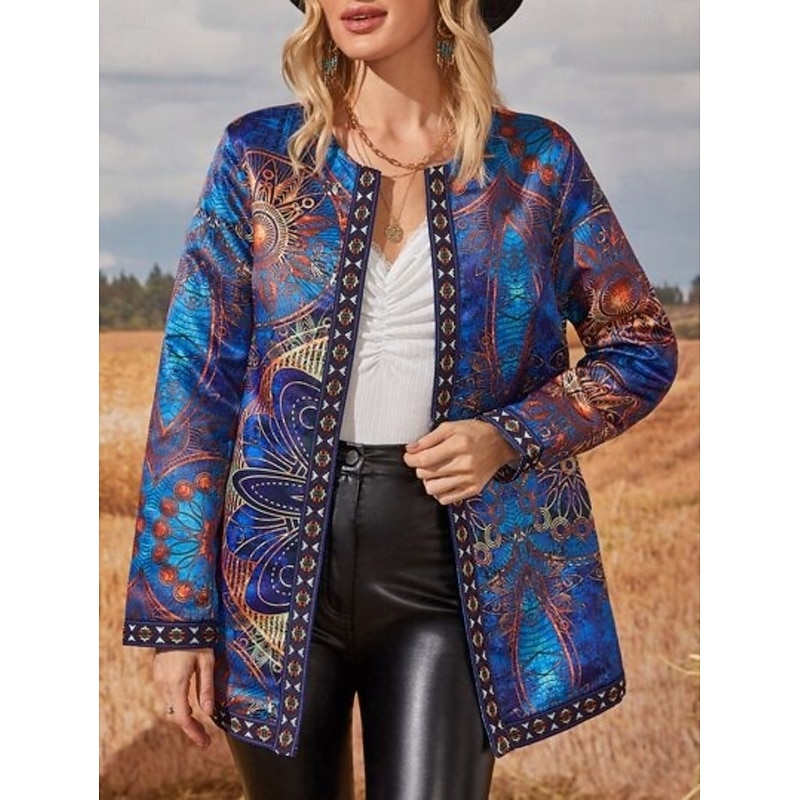 Women's Casual Jacket Windproof Warm Pocket Color Block Open Front with Pockets Elegant Vintage Modern Geometric Casual Daily Casual Daily Short Crewneck Regular Fit Long Sleeve Outerwear Pink Purple