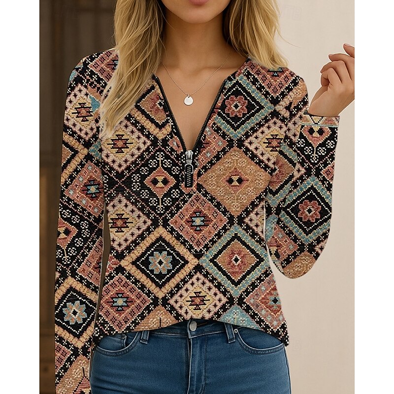 Women's T Shirt Floral Casual Long Sleeve V Neck Regular Tops Daily Going out Print Navy Blue Orange Beige Gray Fall2