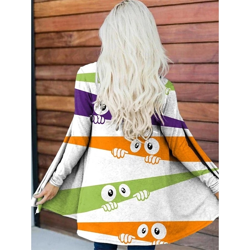 Halloween Women's Coat Lightweight Comfortable Monster Print Vintage Artistic Casual Monster Animal Casual Short Collarless Loose Fit Long Sleeve Outerwear Black White Orange Spring Fall3