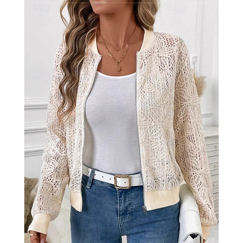 Women's Casual Jacket Comfortable Lace Patchwork Zipper Fashion Plain Outdoor Street Holiday Daily Wear Zipper Regular Crewneck Regular Fit Long Sleeve Outerwear Apricot Fall4