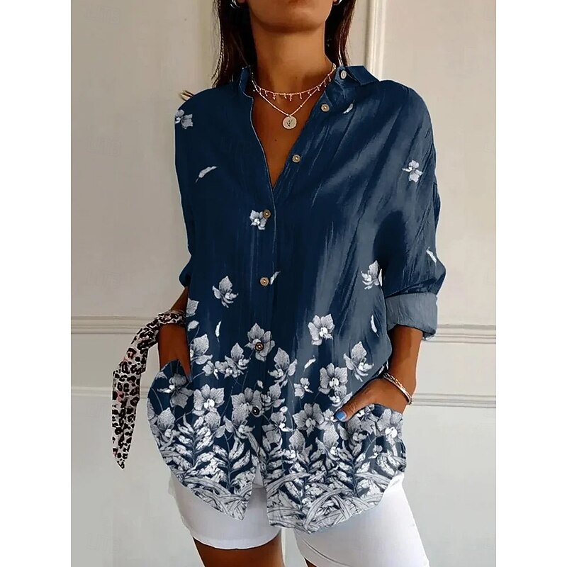 Women's Shirt Button Down Tunic Shirt Collar Long Sleeve Graphic Abstract Daily Stylish Modern Regular Tops Work Daily Holiday s Print Yellow Navy Blue Blue Spring Fall3