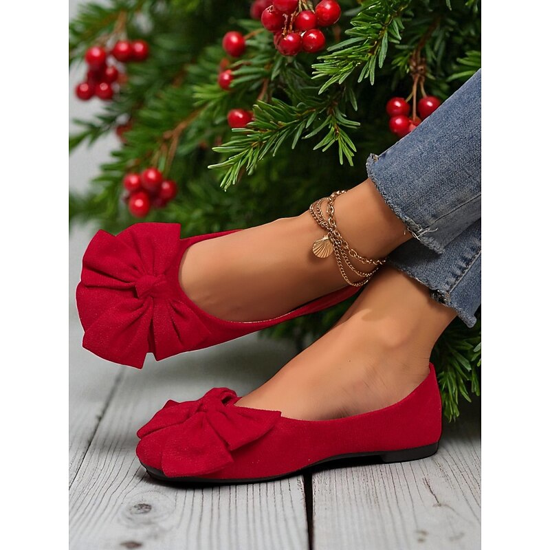 Women's Red Ballet Flats with Large Bow – Elegant Square Toe Dress Shoes for Parties, Christmas and Everyday Outfits4