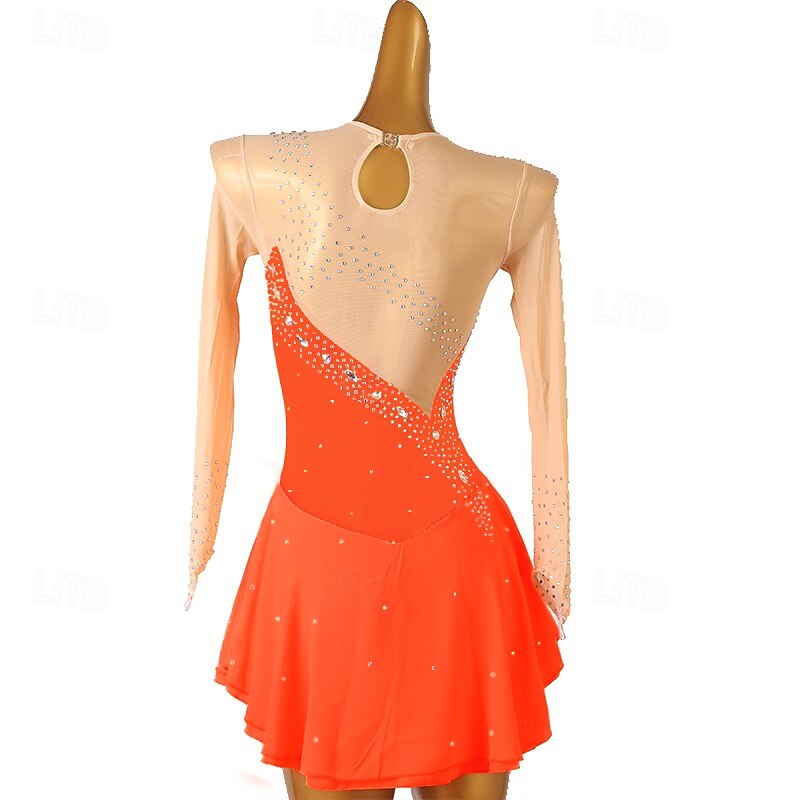 Figure Skating Dress Women's Girls' Ice Skating Dress Orange Rose Red Patchwork Open Back Mesh High Elasticity Training Competition Skating Wear Classic Crystal / Rhinestone Long Sleeve Ice Skating4