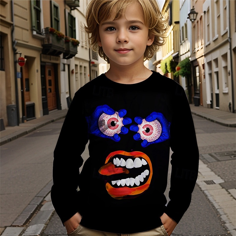 Boys' Cartoon Funny Smile Face T shirt Tee Long Sleeve 3D Print Fall Winter Fashion Basic Kids 4-12 Years Crew Neck Outdoor Casual Daily Regular Fit2