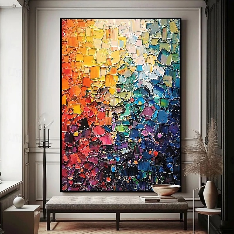 Handmade colorful textured Oil Painting Thick Impasto Brushstrokes Colorful Abstract Art Vibrant Gradient Orange Red Blue Purple Mosaic Blocks Contemporary art Wall Decor Living Room Stylish Home3