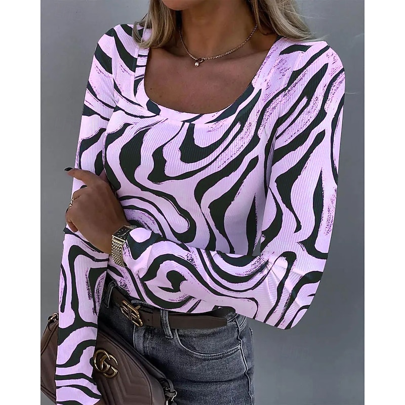 Women's T shirt Long Sleeve Ribbed Graphic Square Neck Long Sleeve Casual Tunic Abstract Zebra Vintage Stylish Regular Tops Daily Print Blue Purple Green Khaki Spring Fall Prefall3