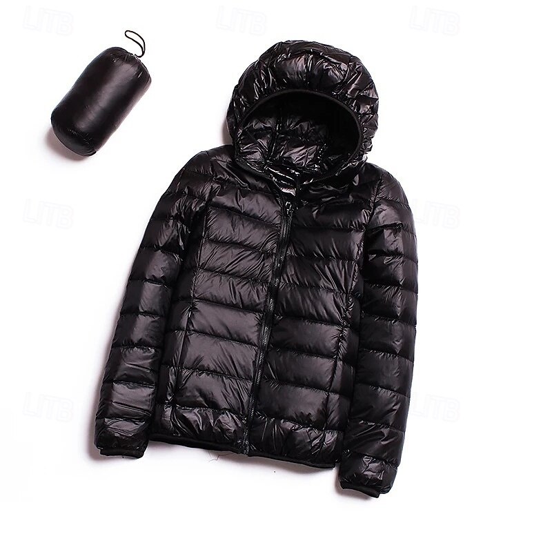 Women's Down Jacket Puffer Jacket Warm Comfortable Zipper Pocket Fashion Modern Casual Plain Going out Weekend Zipper Regular Hooded Regular Fit Long Sleeve Outerwear Black White Light Green Winter