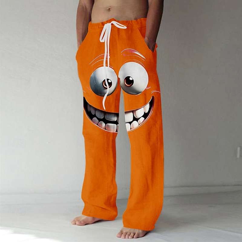 Men's 3D Cartoon Smile Face Big Eyes Trousers Baggy Pants Casual Pants Mid Waist Funny Outdoor Vacation Elastic Drawstring Waist Linen-Like Pants with Pockets Summer Spring Fall 3D Print Black Yellow4