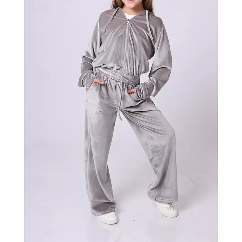 2 Pieces Kids Girls' Solid Color Drawstring Hoodie & Sweatpants Set Set Long Sleeve Streetwear Outdoor 4 years+ Fall Black Pink Royal Blue2