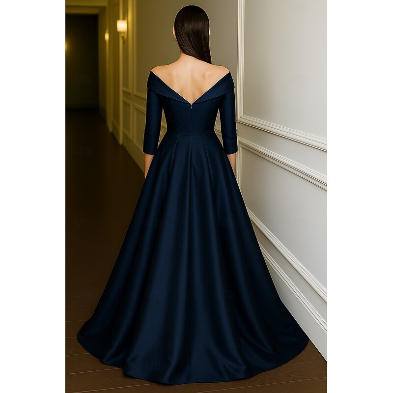 Tuxedo Dress A-Line Formal Wedding Wedding Guest Satin Elegant Silky 3/4 Sleeve Pleated Floor Length2