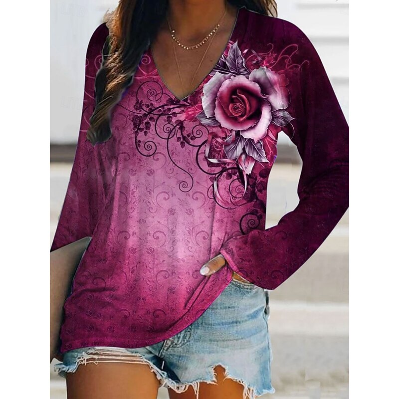 Halloween Women's T Shirt Graphic Rose Vintage Stylish Classic Long Sleeve V Neck Regular Tops Daily Print Pink Purple Green Spring Fall3