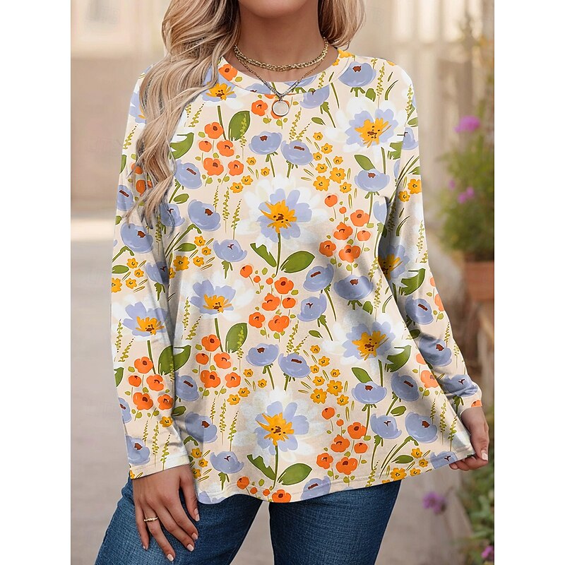 Women's Plus Size Tops T Shirt Floral Graphic Print Long Sleeve Crew Neck Casual Daily Polyester Fall Winter Pink Blue4