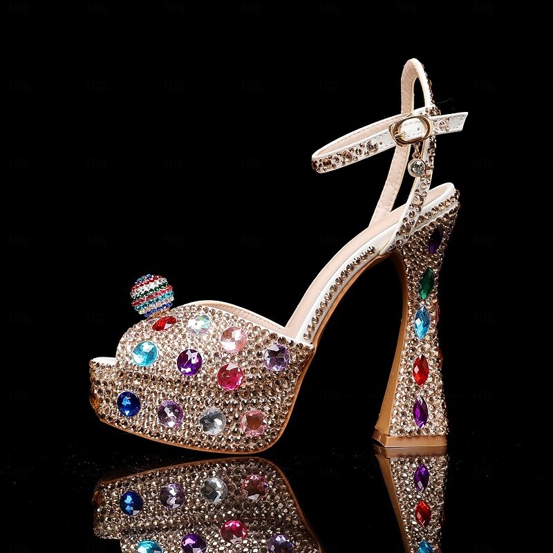 Women's Colorful Rhinestone Platform Sandals – Sparkly Crystal Embellished Ankle Strap Chunky High Heel Shoes for Wedding, Prom, and Party Events3