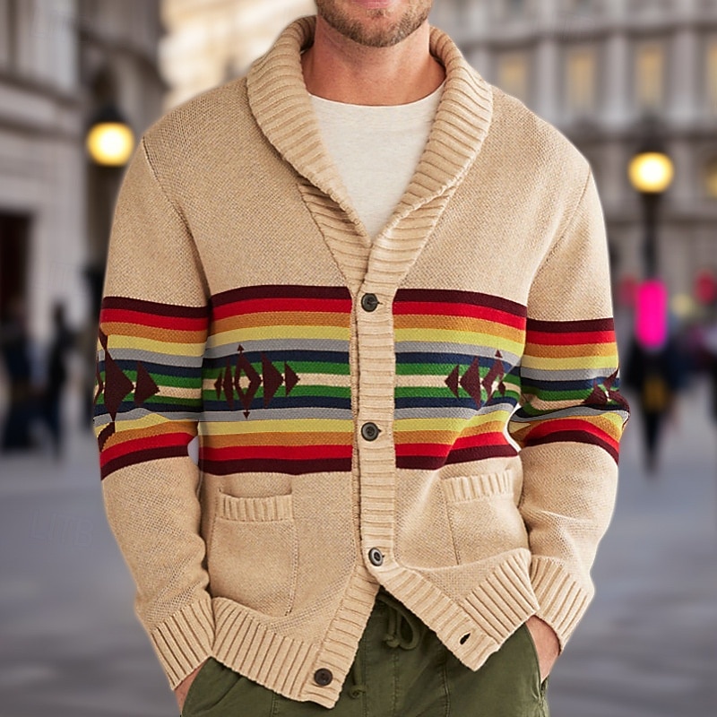 Men's Cardigan Sweater Cropped  Sweater Knit Sweater Ribbed Knit Regular Tops Pocket Buttons Stripe Lapel Fashion Classic Vacation Daily Wear Clothing Apparel Fall Winter khaki M L XL