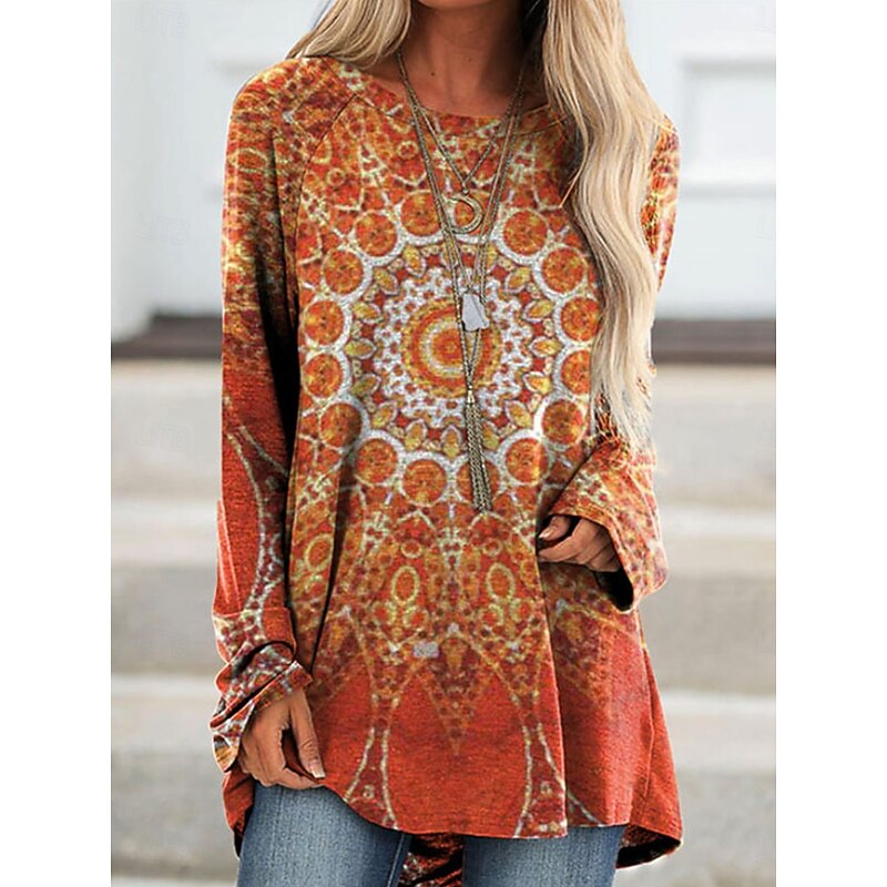 Women's T Shirt Graphic Tribal Vintage Stylish Casual Long Sleeve Crew Neck Long Tops Daily Print Blue Sky Blue Orange Brown Khaki Spring Fall2