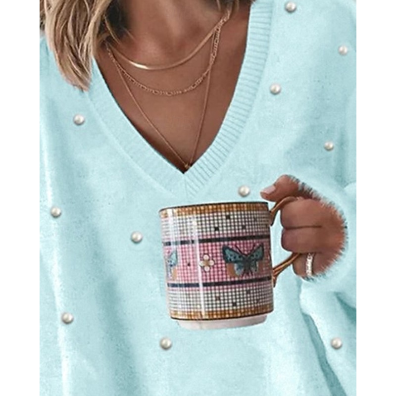 Women's Sweater Pullover Sweatshirt Fuzzy Cozy T Shirt Plain Ribbed Knitted Casual Long Sleeve V Neck Tops Daily Going out Weekend Blue Oversized2